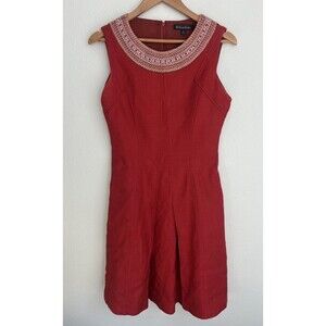Brooks Brothers Orange Red Fit Flare Dress Beaded Embroidered Sleeveless Holiday